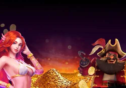 PlayAmo jackpot artwork: a mermaid and a pirate beside a pile of gold coins
