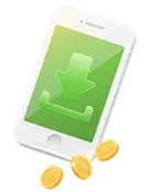 PlayAmo install-the-app illustration: a phone with a download arrow and gold coins