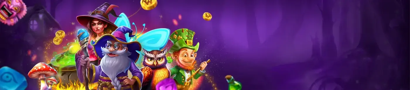 PlayAmo lobby banner: a wizard, a fairy, an owl and a leprechaun in an enchanted forest