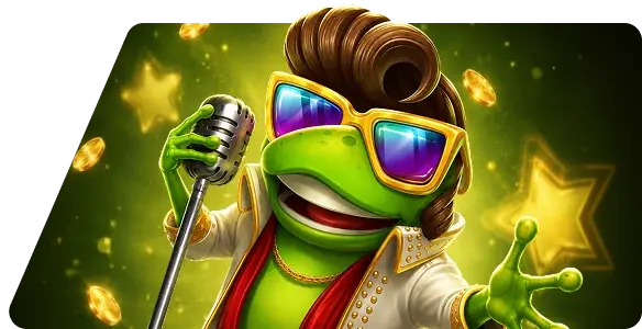 PlayAmo promo artwork: Elvis Frog with a microphone among gold coins