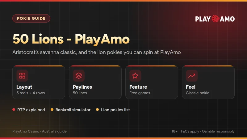 50 Lions - PlayAmo guide card: 5 reels by 4 rows, 50 lines, free games