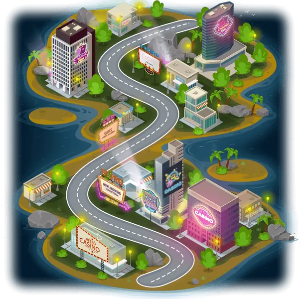 PlayAmo VIP journey map: a road winding past casino buildings on an island